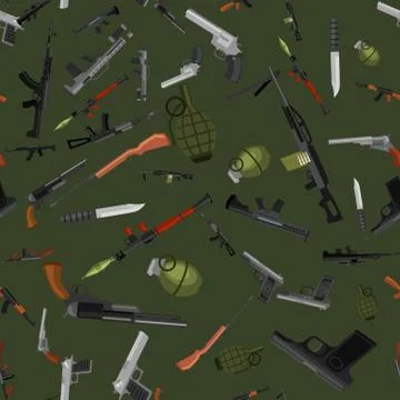 Military gun seamless pattern, automatic and hand weapon in magazine barrel with Stock Illustration