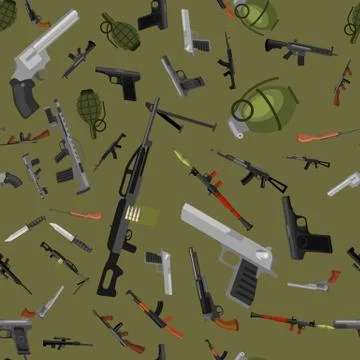 Military gun seamless pattern, automatic and hand weapon in magazine barrel with Stock Illustration