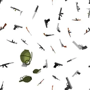Military gun seamless pattern, automatic and hand weapon in magazine barrel with Stock Illustration