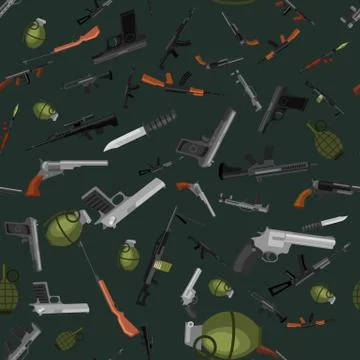 Military gun seamless pattern, automatic and hand weapon in magazine barrel with Stock Illustration