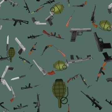 Military gun seamless pattern, automatic and hand weapon in magazine barrel with Stock Illustration