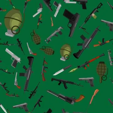 Military gun seamless pattern, automatic and hand weapon in magazine barrel with Stock Illustration