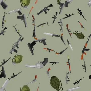 Military gun seamless pattern, automatic and hand weapon in magazine barrel with Stock Illustration