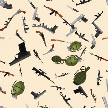 Military gun seamless pattern, automatic and hand weapon in magazine barrel with Stock Illustration