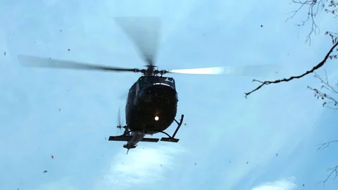 Military helicopter bell 412hp performs vertical take off behind trees Video stock 159821244
