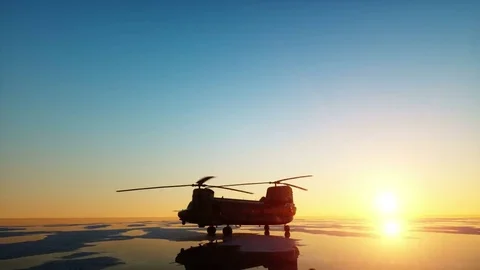 Military helicopter chinook, wonderfull sunset. Realistic animation GI. Stock Footage