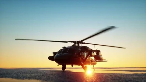 Military helicopter UH-60 Black hawk, wonderfull sunset. Realistic animation GI Stock Footage