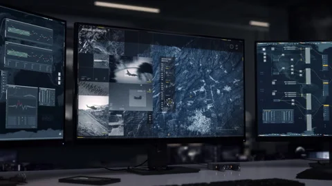 Military high tech scanner identifies the location of the rival army base Stock Footage 252486417