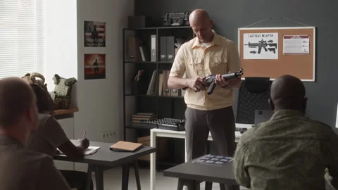 Military Instructor Explaining Elements of Machine Pistol to Cadets Stock Footage 257790478