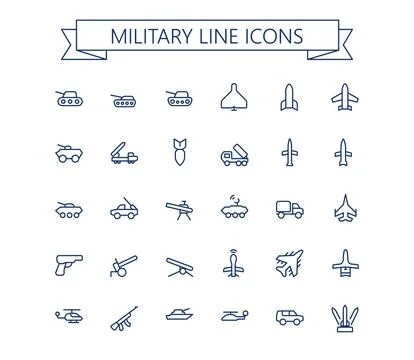 Military line vector icon set. Army outline icons. Editable stroke. 24x24 px. Stock Illustration