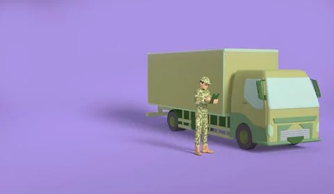 Military man in uniform takes notes while standing next to a truck Stock Illustration