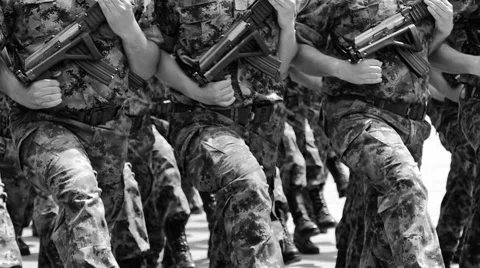 Military Marching of Soldiers in the City in close-up Stock Footage