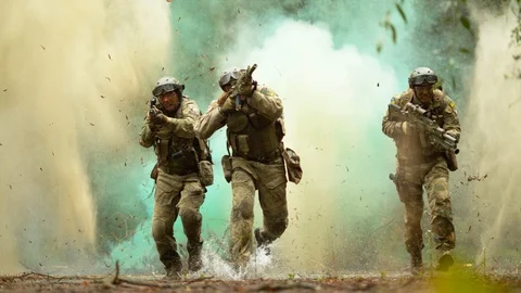 Military men in action, slow motion Stock Footage 86457951