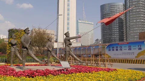 Military monument on square,Kunming,China Stock Footage