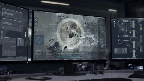 Military network technology tracking down the location of the terrorist base Vídeo Stock 220758636