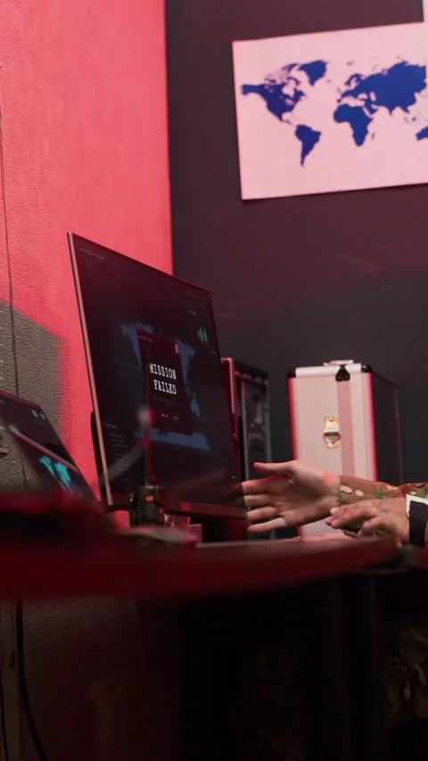 Military Officer Gesturing at Computer Screen Showing Mission Failed Stock Footage 343736186