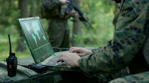 Military Operation in Action, Soldiers Using Military Grade Laptop. Stock Footage