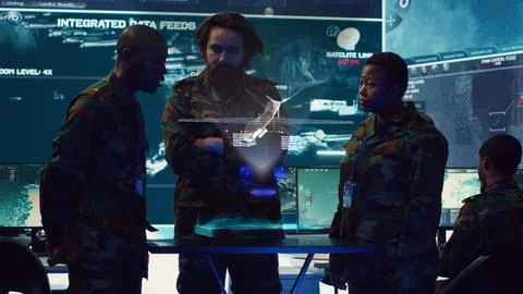 Military operators using augmented reality tech to plan aerial attacks Illustrazione stock