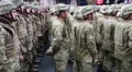 Military personnel in uniform at the military parade in Kiev, Ukraine HD Footage