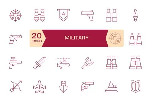 Military PIXEL Perfect Vector Set with 24 128x128 Thin Line Icons Stock Illustration
