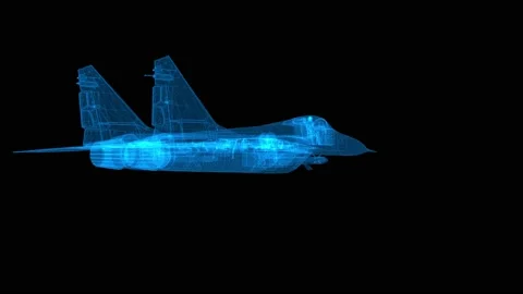 Military plane 3d wireframe with thin blue lines. Aviation futuristic hologram  Stock Footage 139876337