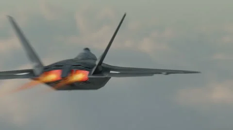 Military plane drops bombs from a high altitude. F-22 in clouds Stock Footage 57948595
