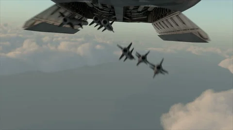 Military plane drops bombs from a high altitude. F-22 in clouds Vidéo 57972011