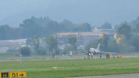 Military plane take off. Russian made Cold War era bomber fighter jet. Stock Footage 185510593