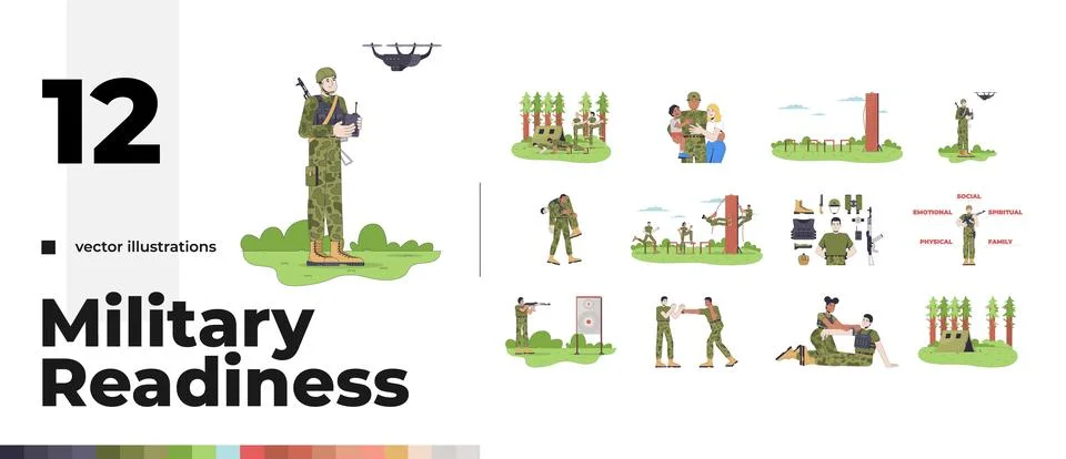 Military readiness training and army preparation 2D vector illustration pack Illustrazione stock