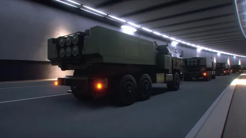 Military Rocket Artillery System Transported Through Tunnel in Convoy. Stock Footage 335967308