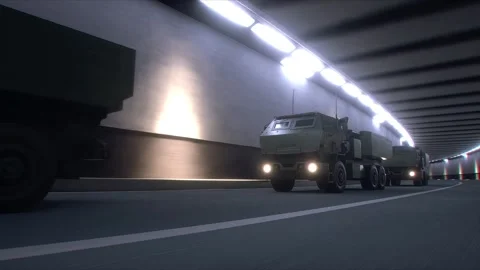 Military Rocket Artillery System Transported Through Tunnel in Convoy. Stock Footage 335967317