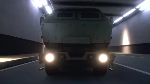 Military Rocket Artillery System Transported Through Tunnel in Convoy. Stock Footage 335967321