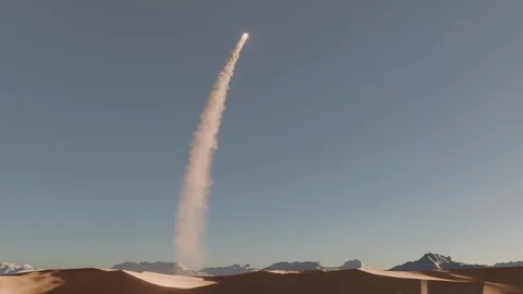 Military rocket launch over desert landscape with dynamic smoke trail. Coul.. Video stock 311628639