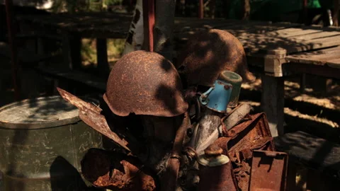 Military rusty metal parts. Elements of world war 2 a lot of destroyed things Video stock 190864089