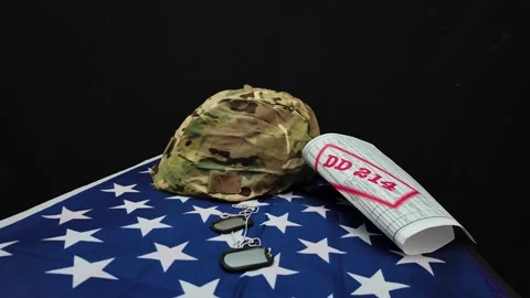 Military separation process explained with combat helmet and id tags Video stock 332606908
