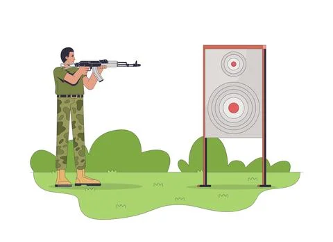 Military shooting training at target range 2D vector illustration Stock Illustration