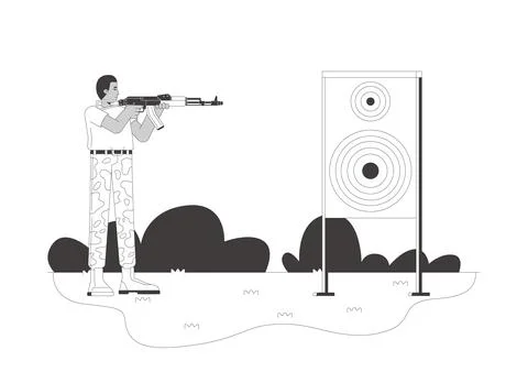 Military shooting training at target range flat line illustration Stock Illustration
