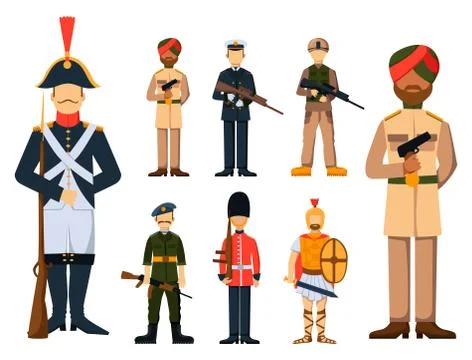 Military soldier character weapon symbols armor man silhouette forces design and Stock Illustration