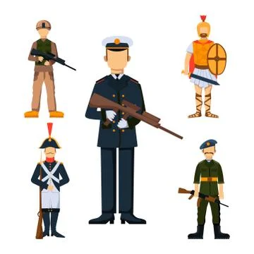 Military soldier character weapon symbols armor man silhouette forces design and Stock Illustration