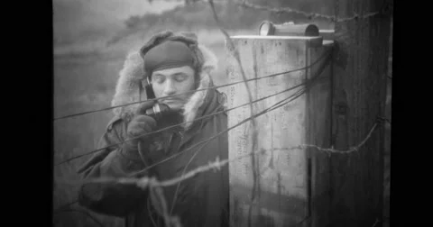 Military soldier talking on telephone Stock Footage