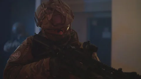 Military Soldier With Weapon Preparing For Attack, Takes Aim. Stock Footage 141821532