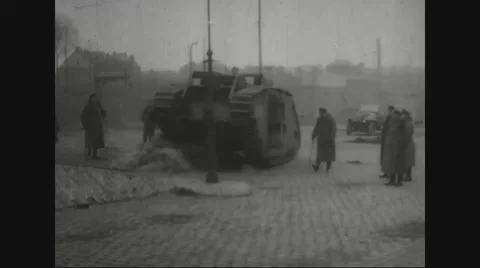 Military soldiers destroying street lights with tanker Stock Footage