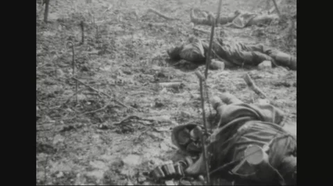 Military soldiers inspecting dead bodies in rubble Stock Footage