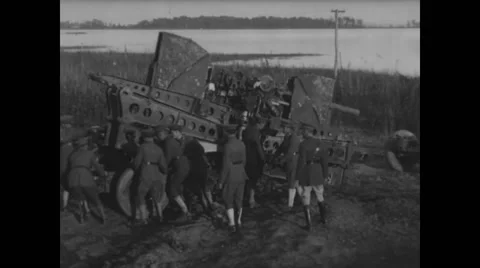 Military soldiers preparing anti-aircraft gun for war Stock Footage