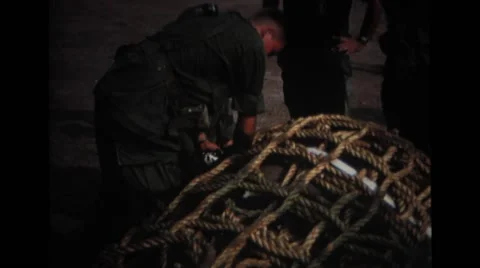 Military soldiers strapping the elephant in the net Stock Footage