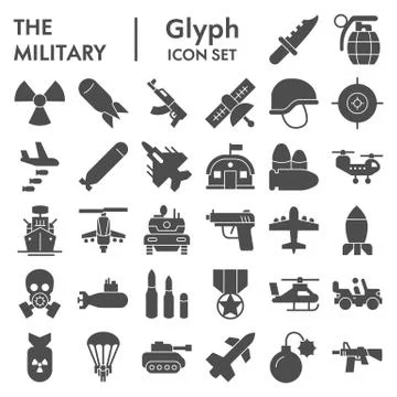 Military solid icon set. Army signs collection, sketches, logo illustrations Stock Illustration