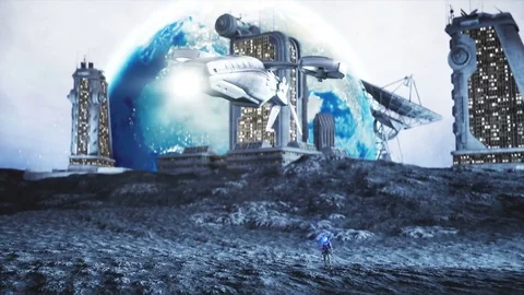 Military space ship fly on moon. Moon colony. Earth backround. Sci fi space conc Stock Footage 81605010