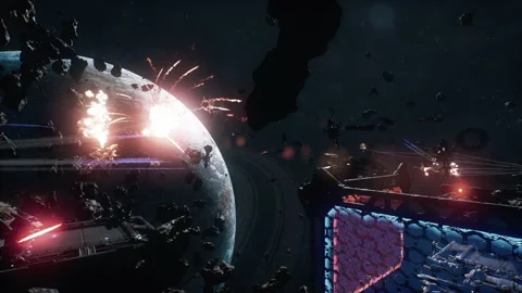 Military spaceships attack colony in space mining war 05 Stock Footage 220043503