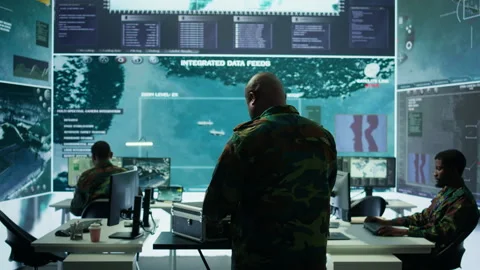 Military specialist in command post uses advanced technology and high tech gear Stock Footage 279952443