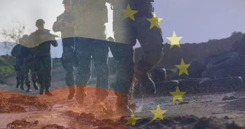 Military squad advancing on command during drill, mud track boots splashing, Video stock 329454432